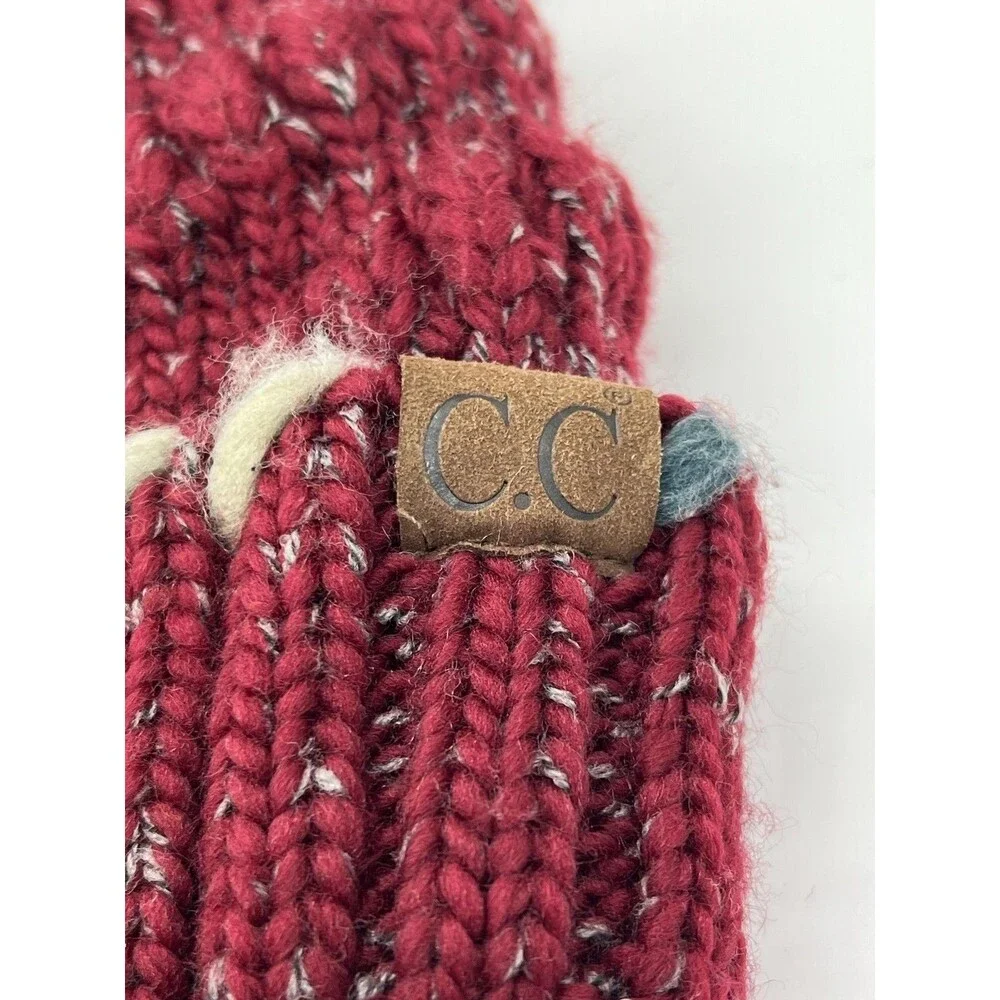 C.C Hat Beanie Womens One Size Red Knit Pom Fleece Lined Multicolor Cuff Winter